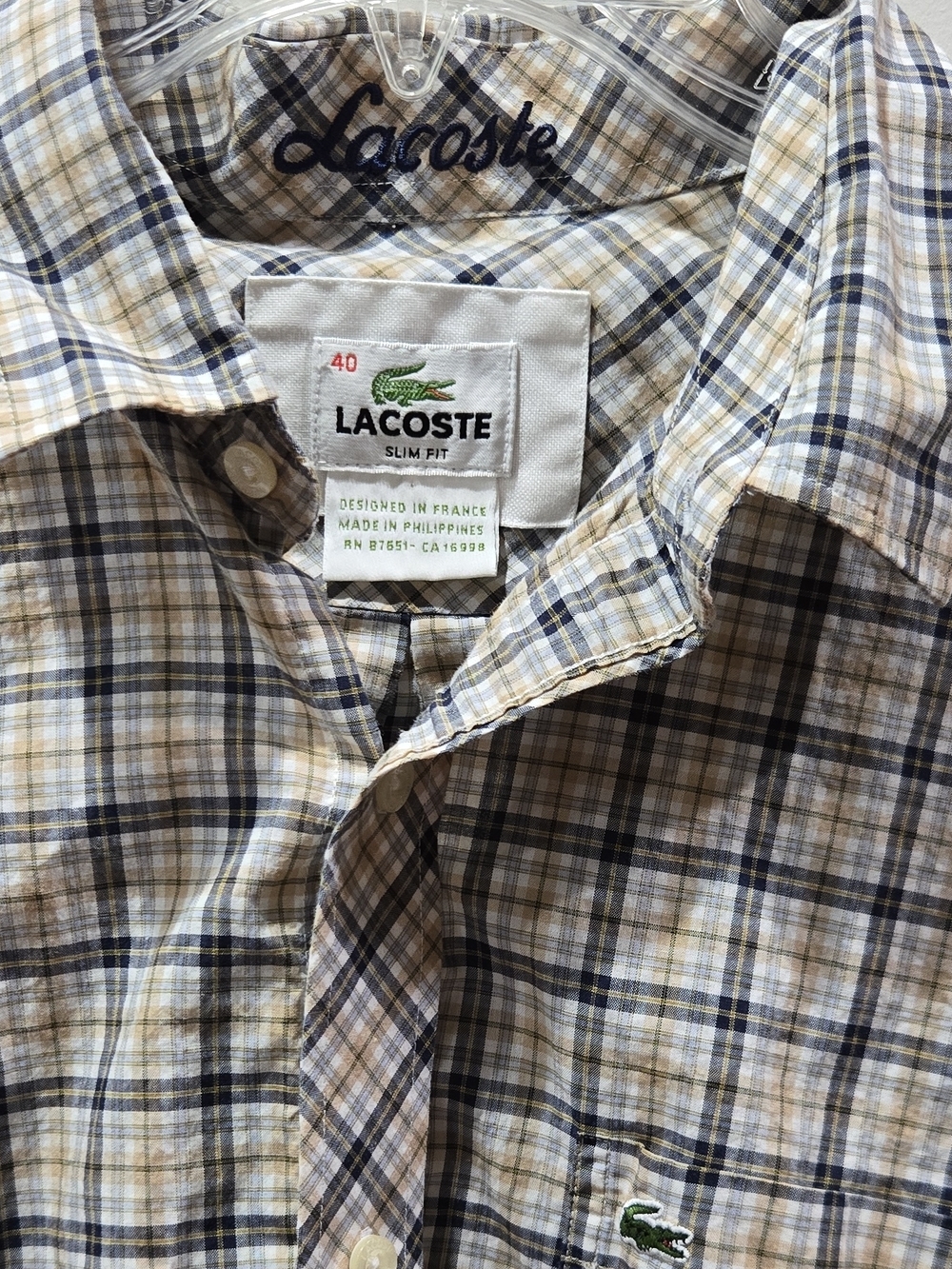 Lacoste Slim Fit Plaid Button-Down Shirt in Beige and Navy
